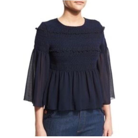 See By Chloe Dark Navy Peasant Top Sheer Sleeves Smocked Bodice Boho Sz 4 - Picture 8 of 13